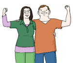 Zwei Menschen stehen Arm in Arm und heben jeweils eine Hand hoch.