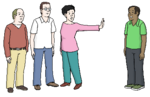 Eine Gruppe von drei Personen steht links und halten abwertend den Arm zu der Person rechts mit schwarzer Hautfarbe.