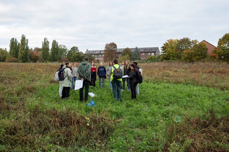 Schüler:innen stehen auf einer Wiese im Kreis.