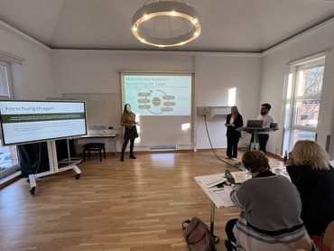 Eine Folie der PPT wird an die Wand geworfen; drei Studierende stehen rechts und links daneben.