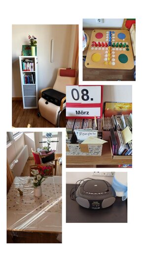 Die Collage enthält vier Fotos aus einem Aufenthaltsraum und zeigt einen Sessel neben einem Medienregal, ein Spielebrett, ein Radio und einen Tisch mit Blumendekoration und Bastelmaterial im Raumhintergrund.