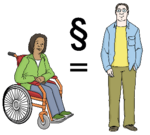 Auf dem Bild wird eine Frau im Rollstuhl gezeigt neben ihr steht ei Mann. Zwischen Ihenen ist ein = und darüber ein § Zeichen.