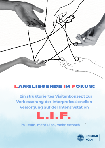 Auf einem Plakat mit der Überschrift „Langliegende im Fokus“ steht der Text „Ein strukturiertes Visitenkonzept zur Verbesserung der interprofessionellen Versorgung auf der Intensivstation. Im Team, mehr Plan, mehr Mensch.“ Eine Illustration zeigt fünf Hände (drei fotografisch, zwei als Zeichnung), die ein gezeichnetes Fadennetz halten.