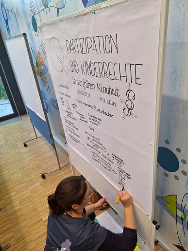 Eine Frau schreibt und malt per Grafic Recording die wichtigsten Erkenntnisse der Vorträge auf eine Pinnwand.