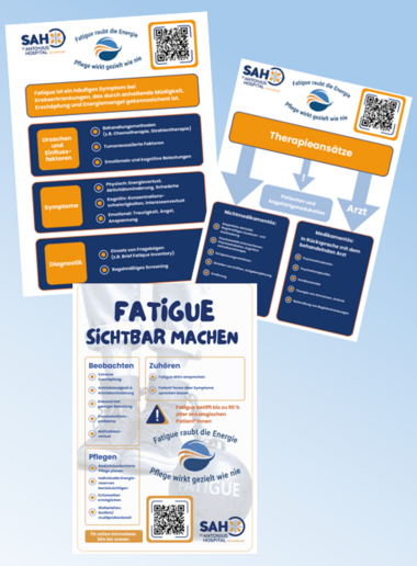 Drei Plakate präsentieren das Thema "Fatigue sichtbar machen" in diversen Aufzählungen.