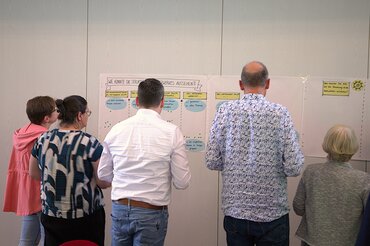Fünf Frauen und Männer stehen vor einer Plakatwand und betrachten die Notizen.