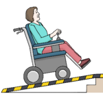 Eine Person im Rollstuhl fährt eine Rampe hoch.