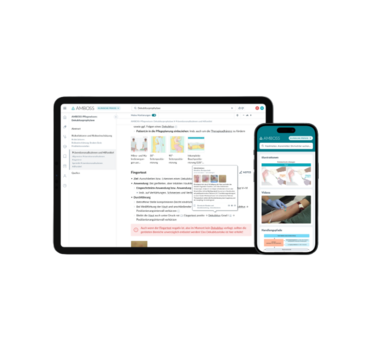 Ein Tablet und ein Smartphone, auf denen die Datenbank AMBOSS aufgerufen sind.