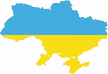Umriss der Ukraine, hinterlegt mit blau-gelber Flagge.