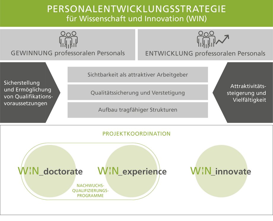 Das Schaubild zeigt die Personalstrategie WIN mit den Zielen, professorales Personal zu gewinnen und zu entwickeln, sowie den Bausteinen WIN_doctorate, WIN_experience und WIN_innovate.