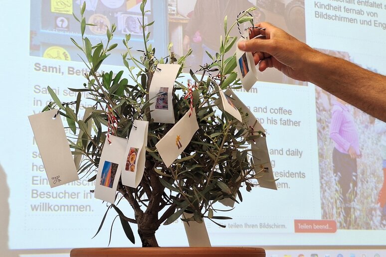 An einem Olivenbaum hängen mehrere Zettel mit kleinen Bildern. Eine hand hänmgt eine wieteren Zettel an den Baum. Im Hintergrund ist eine Präsentation mit Fotos und Texten zu sehen.