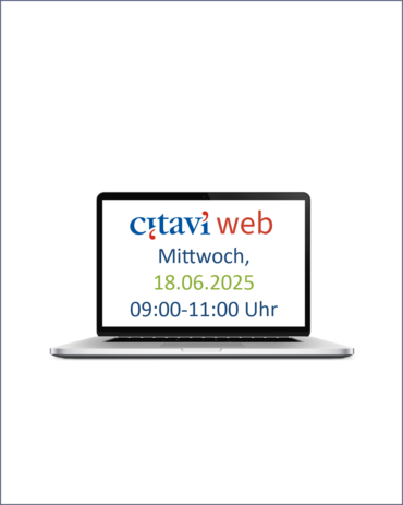 Ein aufgeklapptes Laptop. Auf dem Bildschirm des Laptops steht: Citavi-Web. Mittwoch, 18.06.2025, 09:00-11:00 Uhr. 