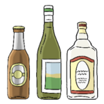Es werden mehrere Flaschen gezeigt, z.B. mit Alkohol.