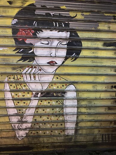 Das Bild zeigt das Street Art einer Frau, auf ein Fensterrollo prüht.