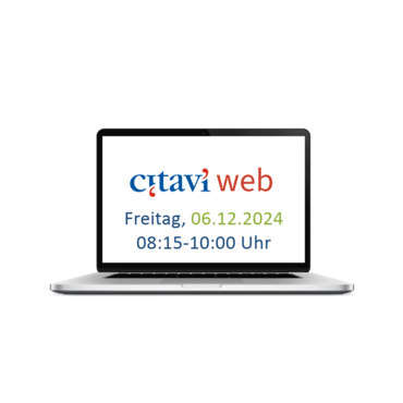 Abbildung eines Laptops. Auf dem Bildschirm steht: Citavi Web. 06.12.2024. 08:15-10:00 Uhr.