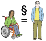 Links im Bild ist eine Rollstuhlfahrerin, danben ist ein = Zeichen und darüber ein § Zeichen. Rechts im Bild steht ein Mann.