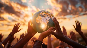 Eine Gruppe unterschiedlicher Hände, die vor dem Hintergrund eines dramatischen Sonnenuntergangs einen Globus emporhalten und damit globale Einheit und Hoffnung symbolisieren.