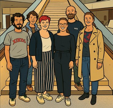 Das Foto der sechs Teilnehmenden, die vor einer Treppe in einem Innenraum stehen und freundlich in die Kamera lächeln. Diese Version zeigt eine KI-Variante im Comicstil.