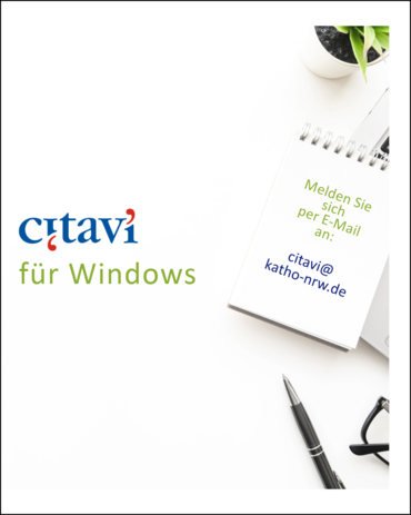 Weißer Hintergrund. Büromaterial. Ein Laptop. Als Text: Citavi für Windows. Melden Sie sich per E-Mail an: citavi@katho-nrw.de.