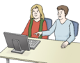 Zu sehen sind zwei Personen an einem Tisch auf dem ein Laptop steht.