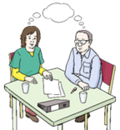 Zwei Personen sitzen an einem Tisch und teilen sich eine Gedankenblase.