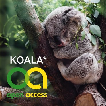 Zu sehen ist ein schlafender Koala auf einem Baum. In weißer Schrift steht in Großbuchstaben KOALA mit einem Sternchen daneben. Außerdem ist ein Logo OA open access zu sehen.