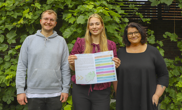 Eingerahmt von Lino Tinnefeld und Sandra Peters präsentiert die Studierende das Zertifikat.