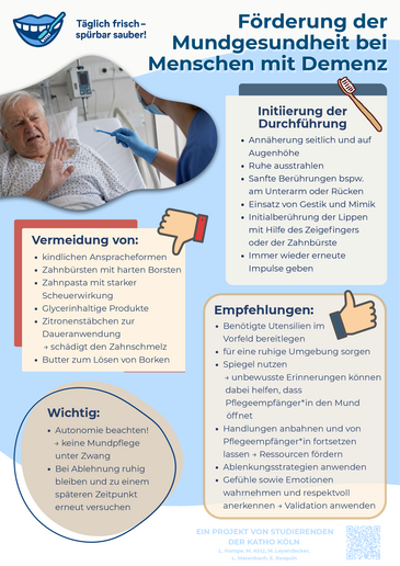 Das Plakat mit dem Titel "Förderung der Mundgesundheit bei Menschen mit Demenz" zeigt einen älteren Menschen im Krankenbett, der eine Pflegeperson mit Zahnbürste abwehrt. Die Empfehlungen sind überschrieben mit "Initiierung der Durchführung", "Vermeidung von", "Empfehlungen" und "Wichtig".