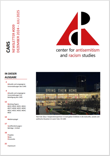 Cover des Newsletters mit CARS-Logo und einem foto von einem Gebäude mit Leuchtschrift "Bring them home"