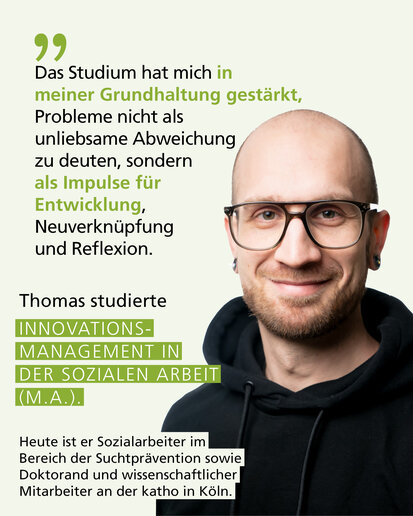 Profilbild mit Text: Das Studium hat mich in meiner Grundhaltung gestärkt, Probleme nicht als unliebsame Abweichung zu deuten, sondern als Impulse für Entwicklung, Neuverknüpfung und Reflexion.