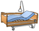 Ein Leeres Krankenbett mit aufstehhilfe ist zu sehen.