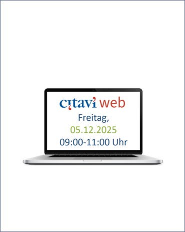 Ein aufgeklapptes Laptop. Auf dem Bildschirm des Laptops steht: Citavi-Web. Freitag, 05.12.2025, 09:00-11:00 Uhr.