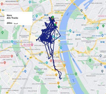 Die Kölner Stadtkarte zeigt ein Beispiel einer kleinräumigen Raumnutzung innerhalb von Köln, die mit Hilfe von GPS-Tracking aufgezeichnet und auf der Karte mit Linien dargestellt ist.