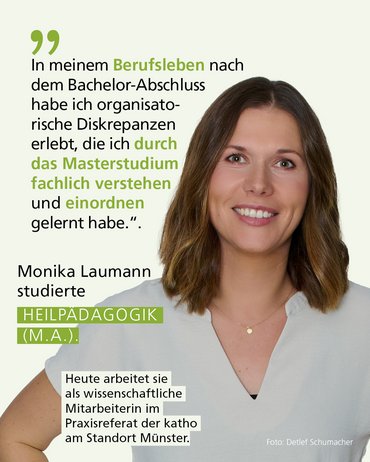 Profilbild mit Text: "In meinem Berufsleben nach dem Bachelor-Abschluss habe ich organisatorische Diskrepanzen erlebt, die ich durch das Masterstudium fachlich verstehen und einordnen gelernt habe.“