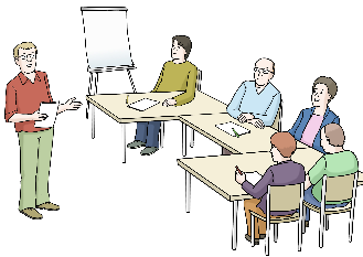Es wird ein Klassenraum mit Menschen und einem Flipchart und einem Lehrer gezeigt.