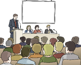 Es wird eine Pressekonferenz gezeigt, bei der eine Person an einem Pult mit Mikrofon steht.