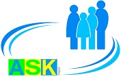 Logo vom ASK. Vier Figuren. Zwei größere in dunkler blau und zwei kleinere in der Mitte in einem helleren blau, oben rechts im Bild. Unten links steht "ASK" in Großbuchstaben, in gelb, grün, blau. Beides ist durch blaue Bögen in einem Kreis miteinander verbunden.