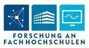 Logo Forschung an Fachhochschulen. Drei quadratische Symbole nebeneinander. Links in dunkel blau ein Netzwerk. In der Mitte in blau ein Gebäude Symbol. Rechts in hell blau ein Monitor mit einer Kurve drin. Darunter der Schriftzug "Forschung an Fachhochschulen".