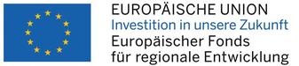 Die Europaflagge. Blauer Hintergrund und 12 gelbe Sterne im Kreis angeordnet. Daneben geschrieben: "EUROPÄISCHE UNION, Investition in unsere Zukunft, Europäischer Fonds für regionale Entwicklung.