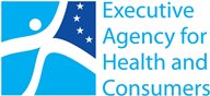 Logo der "Executive Agency for Health and Consumers". Links ein türkisfarbendes Feld mit einer weißen stilisierten Figur und einem blauen Bereich mit fünf weißen Sternen. Rechts daneben ist Schriftzug: "Executive Agency for Health and Consumers".