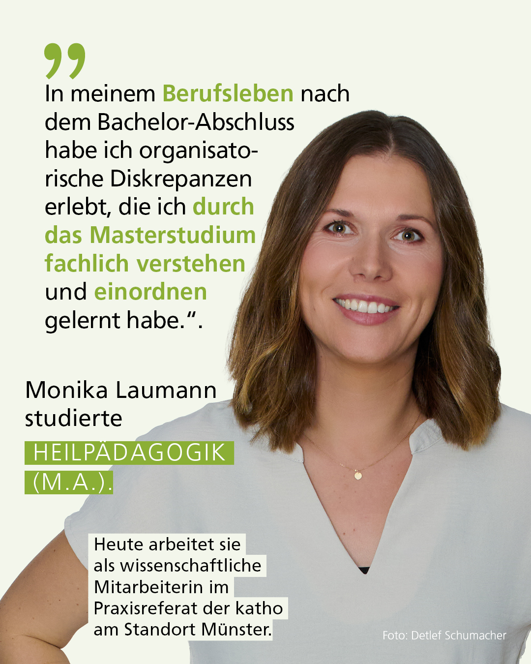 Profilbild mit Text: "In meinem Berufsleben nach dem Bachelor-Abschluss habe ich organisatorische Diskrepanzen erlebt, die ich durch das Masterstudium fachlich verstehen und einordnen gelernt habe.“